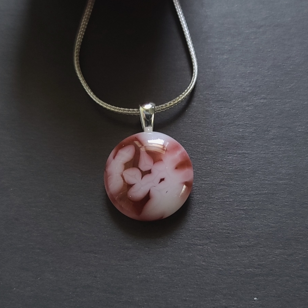 Handmade Fused Glass Red/White Glass Pendant on Sterling Chain